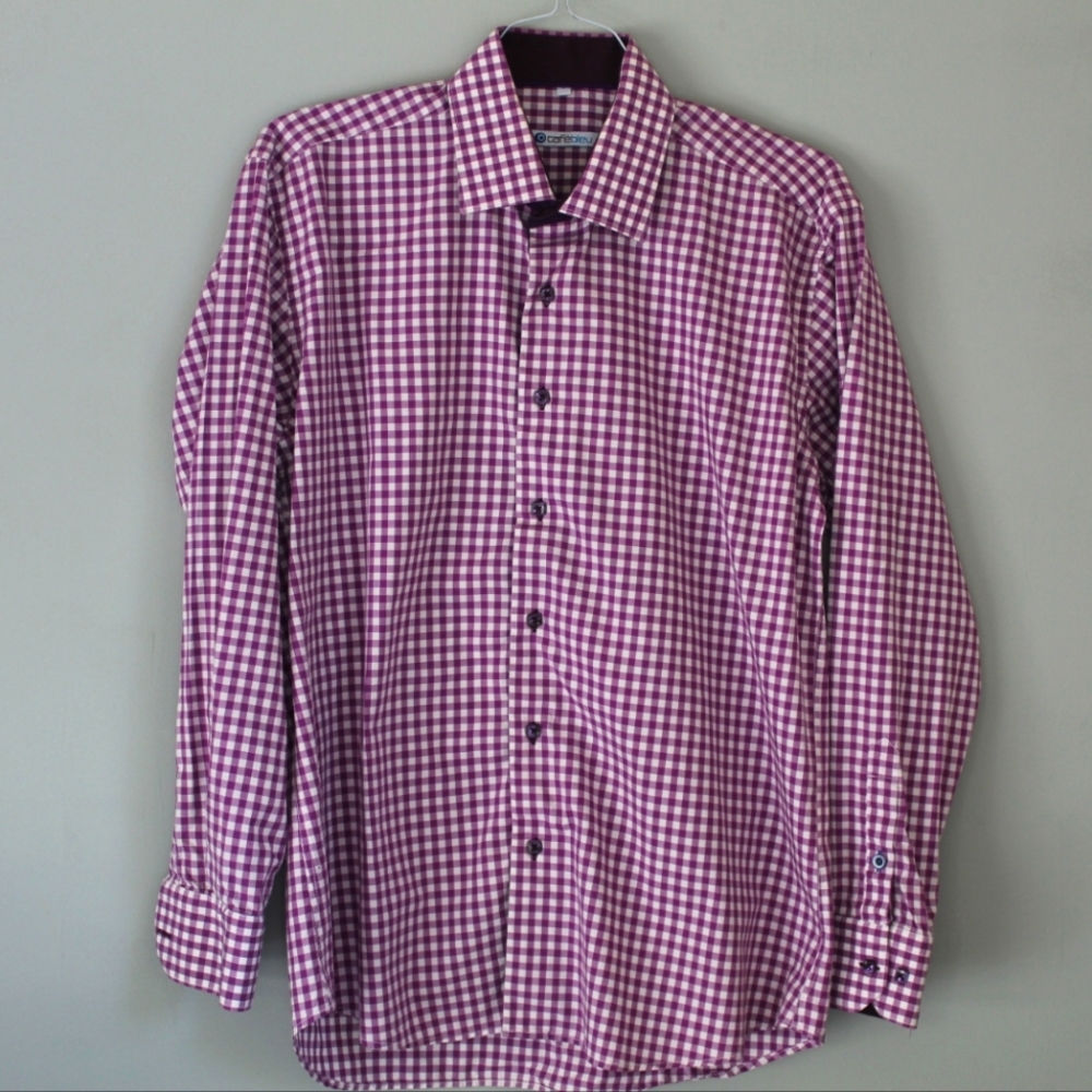 Cafe Bleu Purple Checkered Dress Shirt Size Large